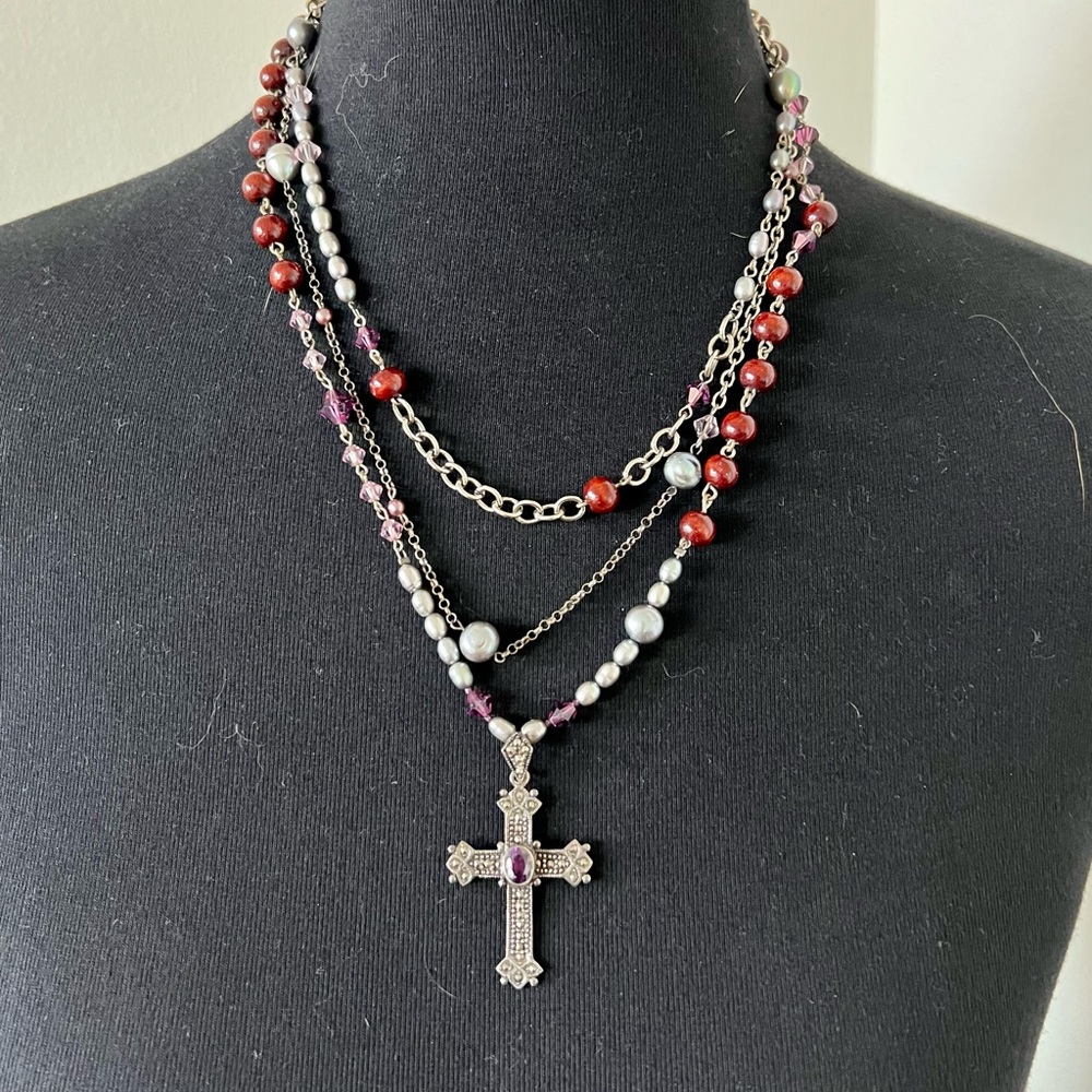 Vintage Necklace w/ Grey Pearls, Swarovski Crystals, Amethyst Silver Cross